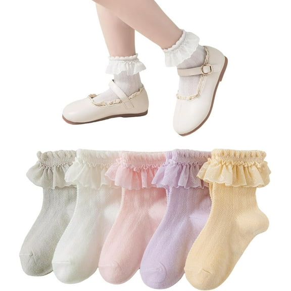 3/5 Pairs Baby Girls Ruffle Socks Toddler Kids Girls Eyelet Frilly Socks for Little Children's Age 1-7T
