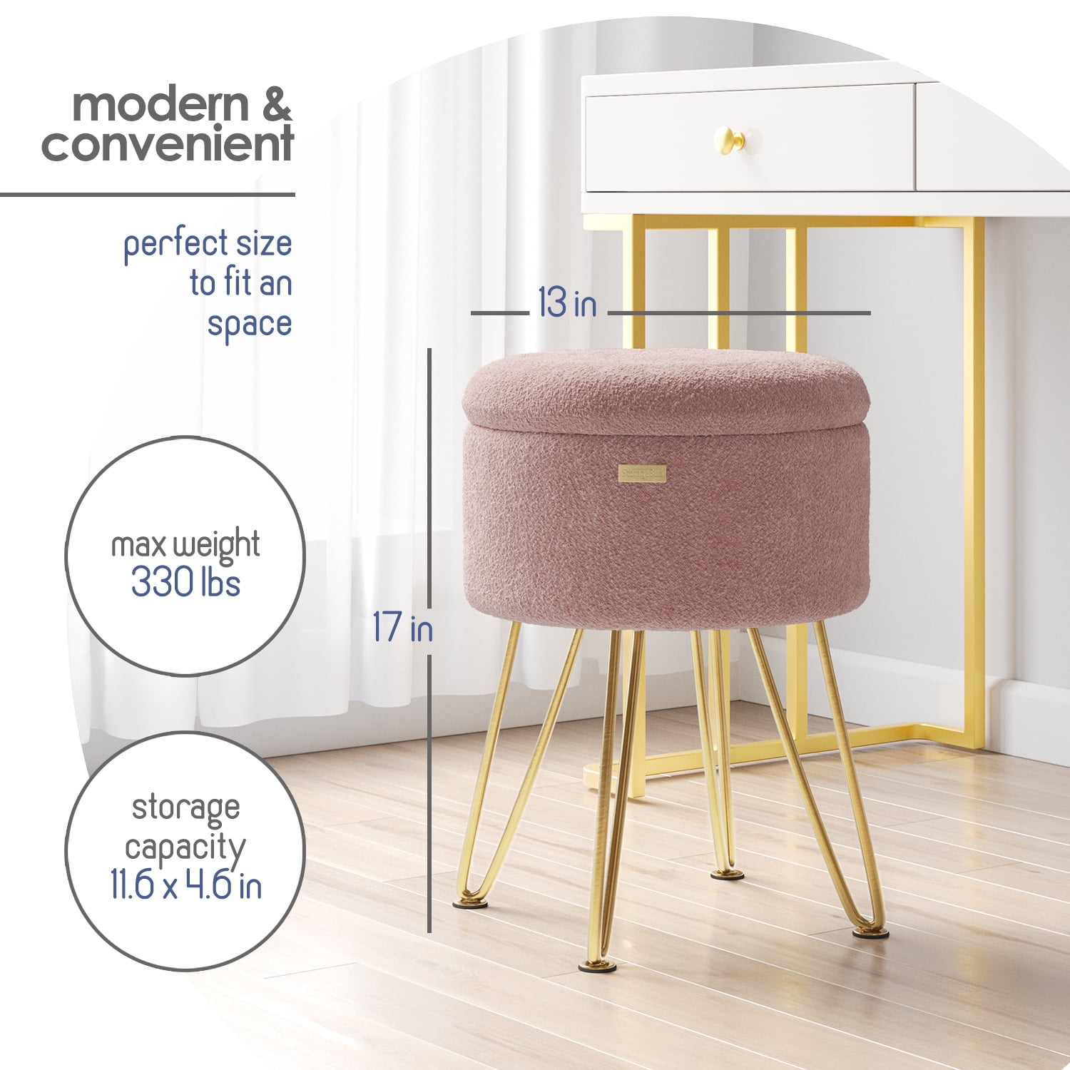 LammaLoe Small Round Ottoman with Storage, Boucle Ottoman Foot Stool with Lid, Upholstered Vanity Stool for Living Room & Bedroom, Pink