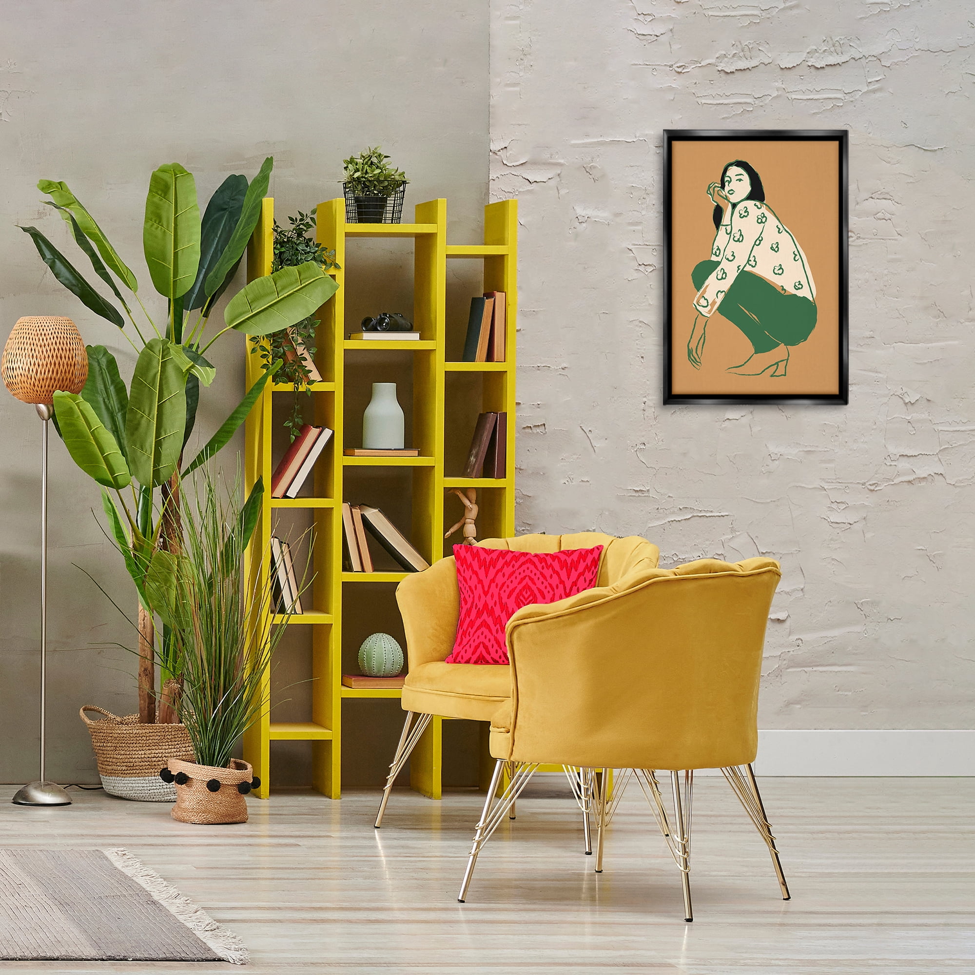 Stupell Industries Fashion Girl Kneeling Novelty Painting Black Floater Framed Art Print Wall Art, 17 x 25