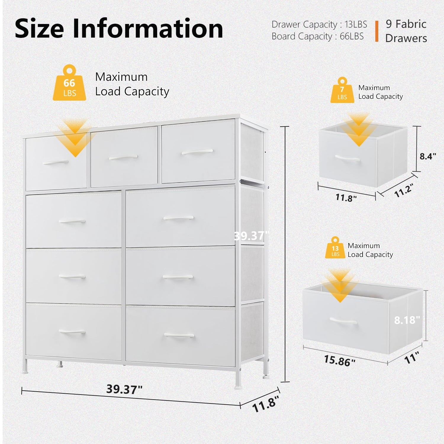 9-Drawer Fabric Dresser with Wood Top - Compact Storage Organizer for Bedroom, Closet, White