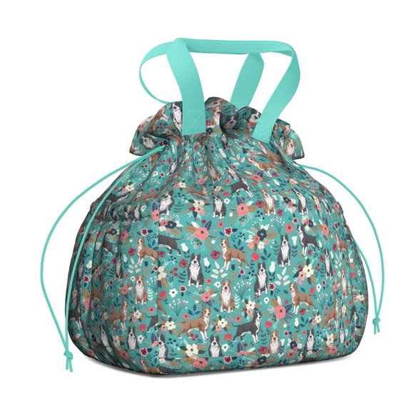 Pitbull Dog and Flower Floral Drawstring Lunch Bag Women - Drawstring Lunch Bag Insulated for Work Office - Stain-Resistant Large Lunchbags for Women with Multi-Pockets