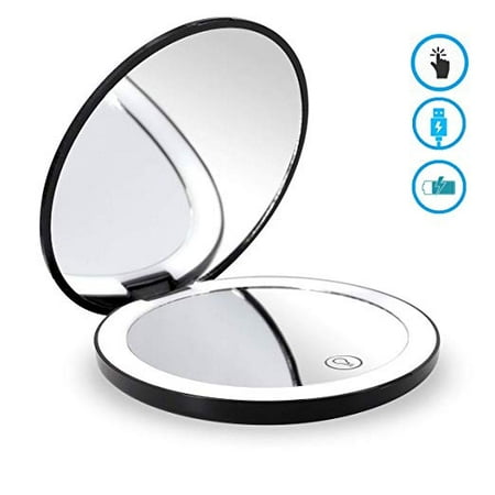Glam Hobby LED Lighted Travel Makeup Mirror, 1x/7x Magnification - Daylight LED, Touch button, Dimmable, Compact, Portable, USB Chargeable battery operarted, Large 4 1/2” Wide Folding