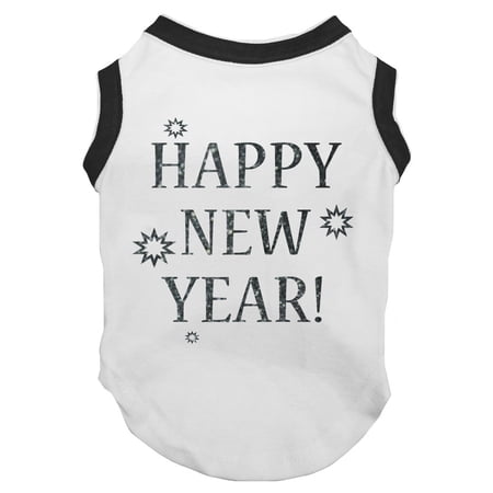 Petitebelle Bling Happy New Year Puppy Dog Shirt (White/Black Large)