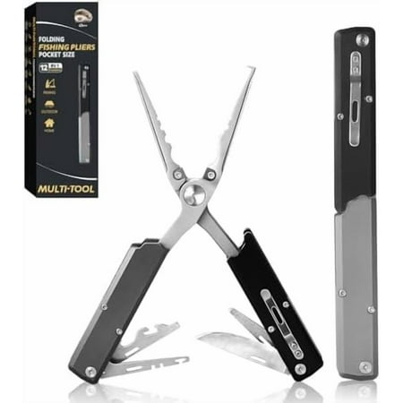 12-in-1 Multitool Fishing Pliers Fishing Gear with Hook Remover Pocket Knife Fish Lip Gripper Upgraded Scissors and Screwdriver Survival and Camping Gear Stainless Steel