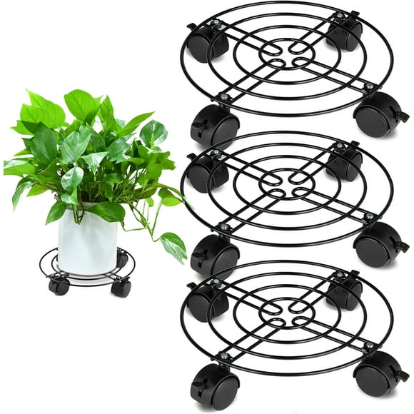 FrostHike Plant Caddy with Wheels 3 Pack Metal Plant Stand with Lockble Wheels Iron Rolling Planter Mover Round Plant Dolly Heavy Duty Moving Pot Base (Black 10 Inch)