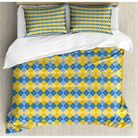 Yellow And Blue King Size Duvet Cover Set Classical Argyle