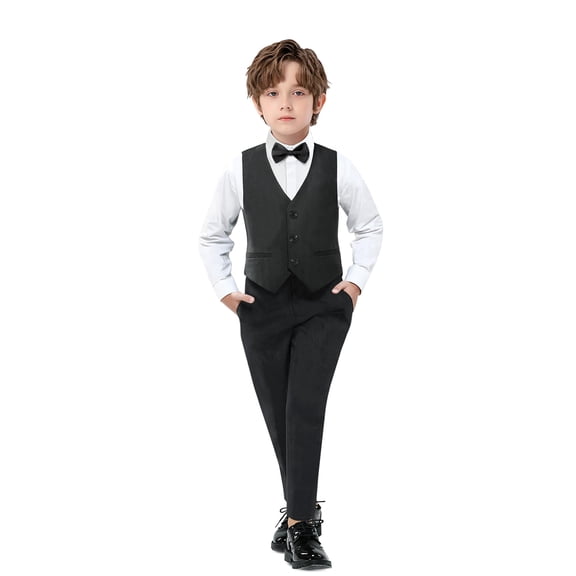 ETHAN Boys Suit Formal Dress Suits Toddler Tuxedo Wedding Suits White Dress Shirt Bow Tie Slim Vest Pants