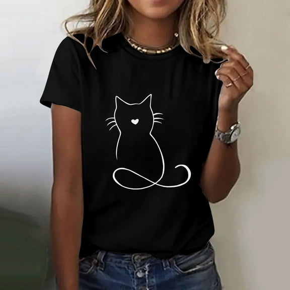Black Women's Short Sleeve T-shirt, Ladies Line Print Shirt Short Sleeve Round Neck T Shirt Fashion Top Lightweight Soft Casual Summer Clothing Clothes,Women's Short sleeve T-shirt XXL