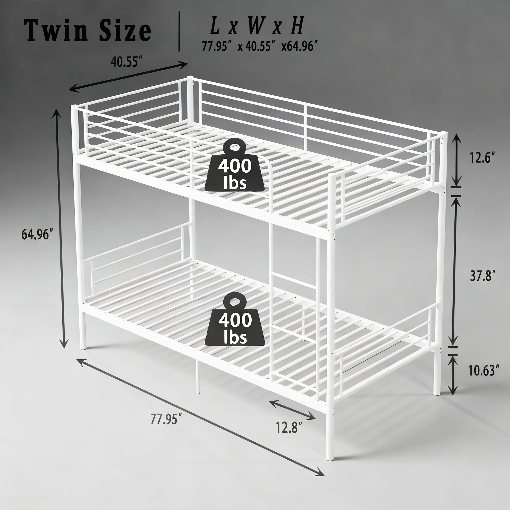 Leumius Twin over Twin Bunk Bed,Metal Bed Frame with Ladder and Guardrail,Noise Free,Easy Assemble,Able to Split 2 Bed,White