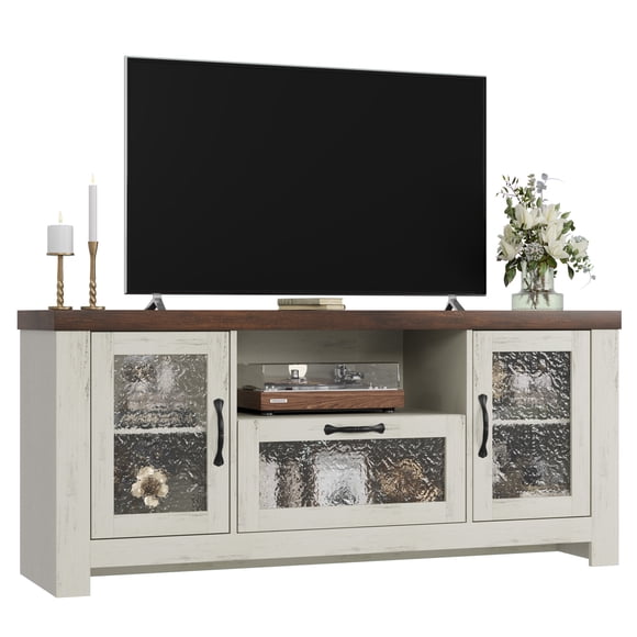 55 inch Farmhouse TV Stand with Acrylic Glass Doors and Adjustable Shelves, Wooden Entertainment Center Media Console for 65 inch TV, Weathered Oak Retro Brown
