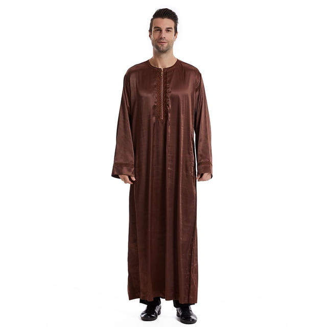 Ceisia Men's Long Sleeve Solid Color Satin Robe Loose Fit Full Length Thobe with Embroidery for Ramadan Coffee L Gifts