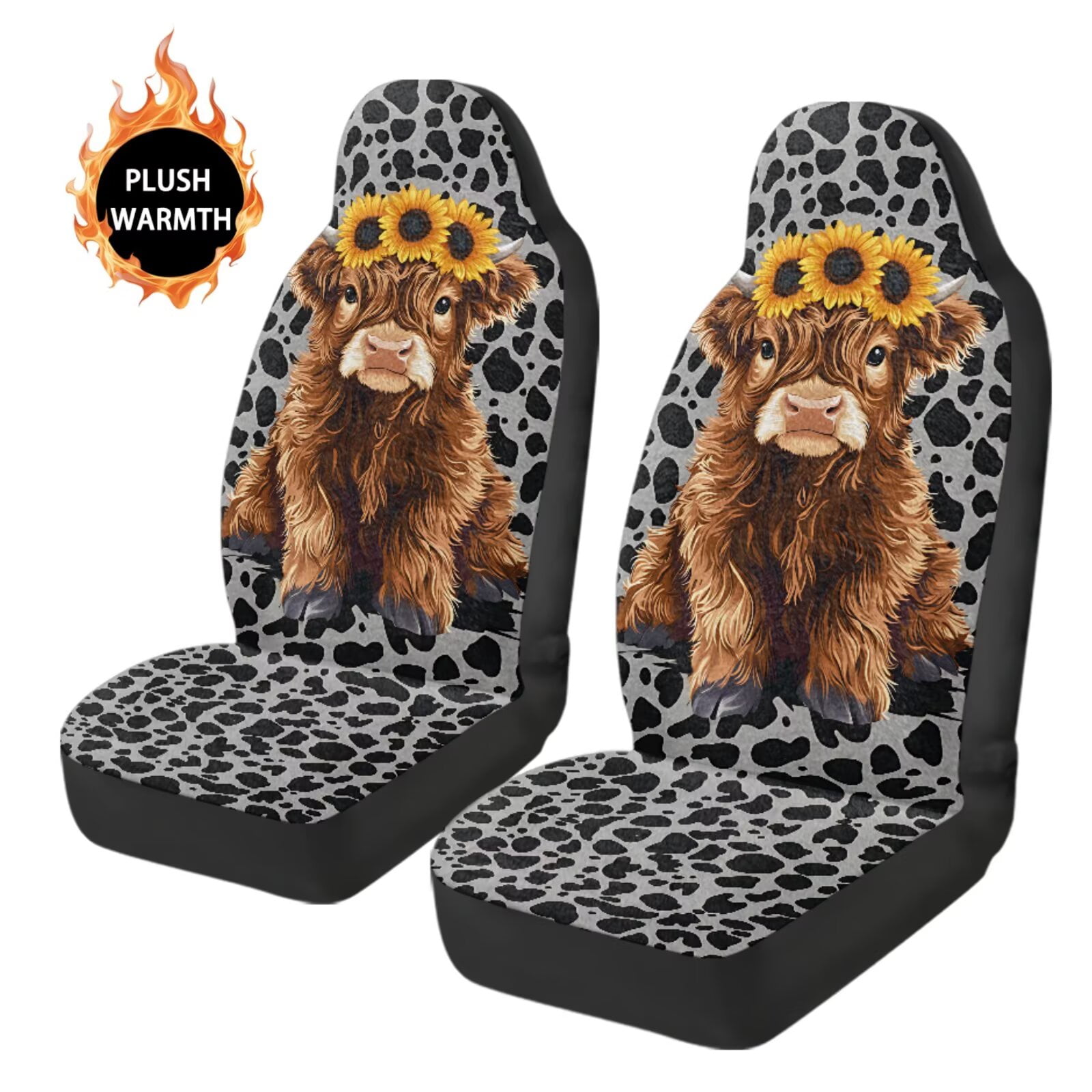 Uorisanigo Car Seat Covers, 2 Pack Front Seat Covers, Fluffy Baby Highland Cow Print Automotive Seats Cover for Auto Interior Accessories with Soft Fuzzy Non-Slip