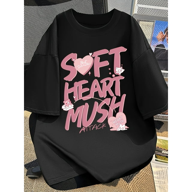 Casual Short Sleeve T-Shirt - Soft Heart Mush Attack Graphic Print, Loose Fit Round Neck Tee, White with Lettering, Spring Summer Machine Washable Top, Relaxed Fit Shirt, Durable Fabric Shirt