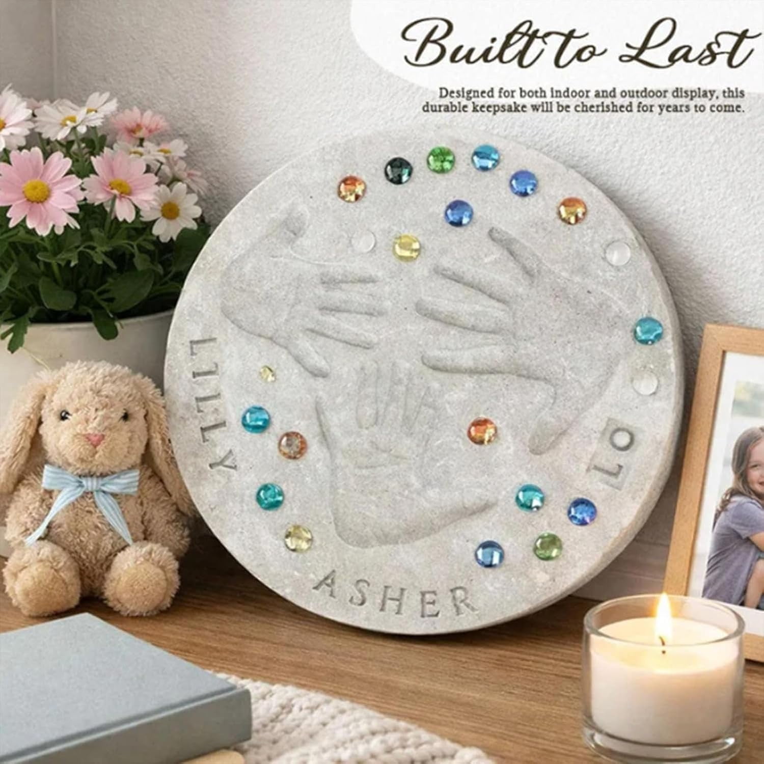 Mother's Day DIY Handprint Gift Kit, Large DIY Handprint Stepping Stone Kit, Indoor Outdoor Family Keepsake Gift, Includes 1 Mod, 26 Letter Stamps, and Colored Stones (12 in)