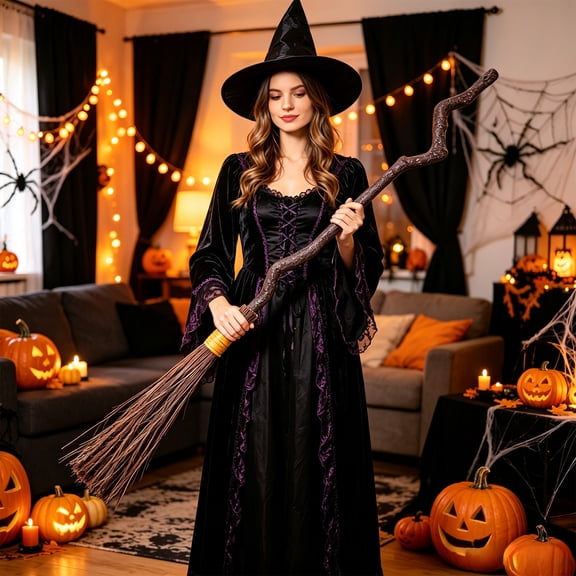 Halloween Witch Broom Prop, 35.4 Inch Wooden Flying Broomstick Costume Accessory, Brown Decorative Broom for Party Haunted House Decor