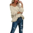 thumbnail image 4 of Women's Off The Shoulder Hollow Knit Pullover Sweater, Loose Lightweight Soft Breathable V Neck Long Sleeve Solid Color Top for All Seasons Casual Wear, Layering Comfort and Versatile Styling Beige L, 4 of 12