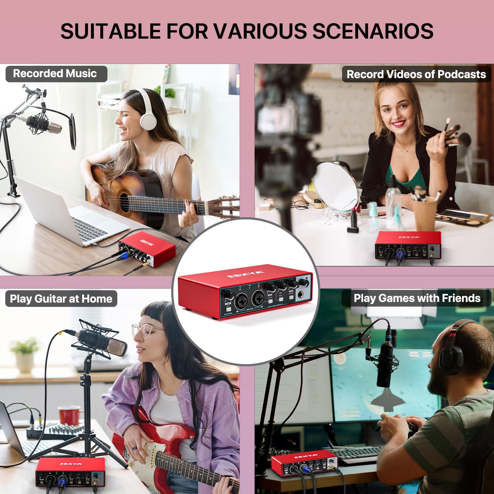USB Audio Interface 2 In 2 Out, EBXYA Type C USB Sound Card with Included C Cable & USB-A to USB-B, Plug and Play Recording Interface for PC, Mac & Home Studio