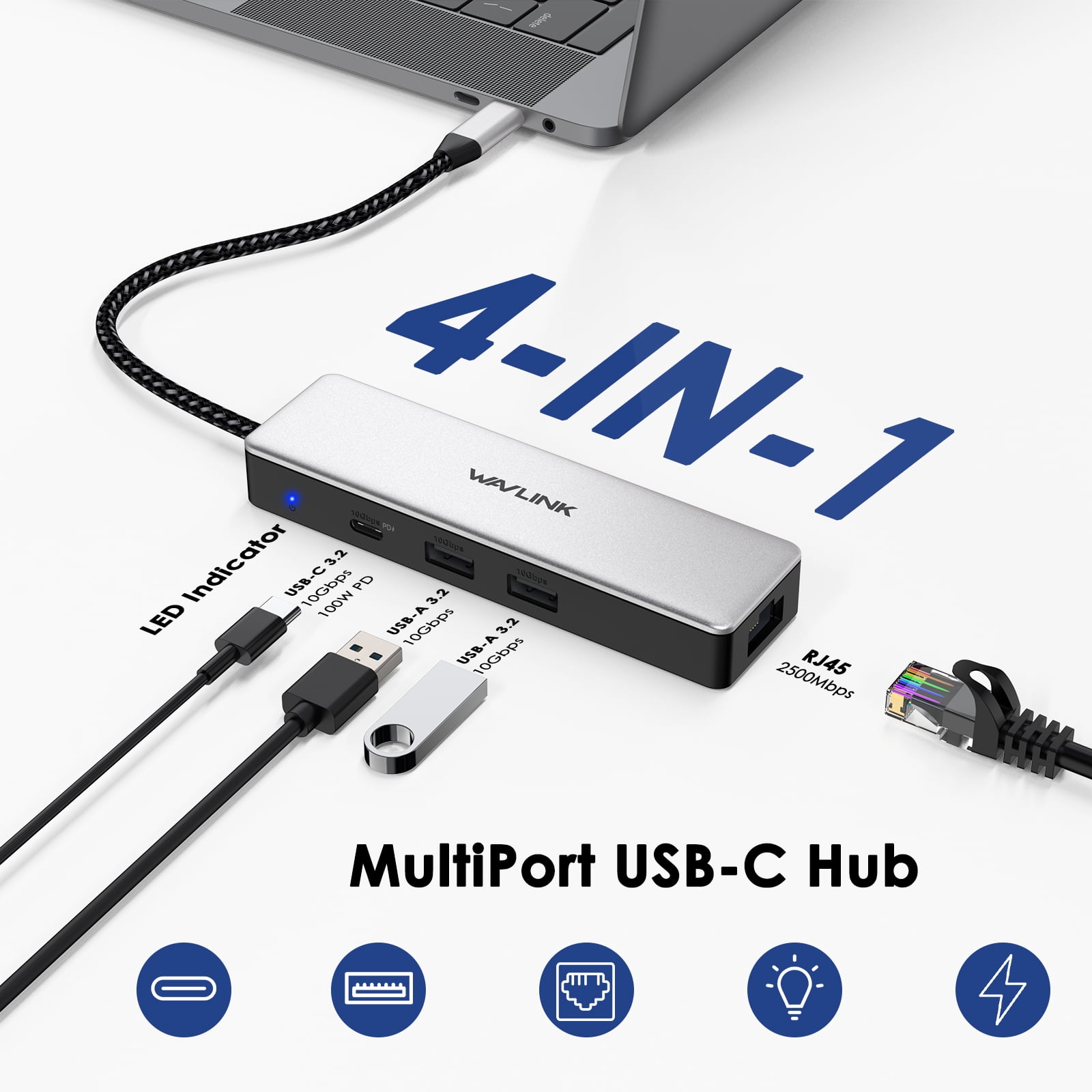 USB Hub, USB Adapter with 10G USB, 2.5G Ethernet, 100W charging for MacBook/HP/iPad/iPhone 15/15 Pro