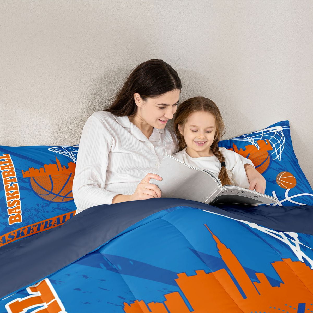 Feelyou Eat Basketball Sleep Bedding Comforter Set for Boys, Blue Orange Twin Comforter Sets, Modern Sports Theme Reversible Bedding Set, Super Cozy Room Decor, 2-Piece