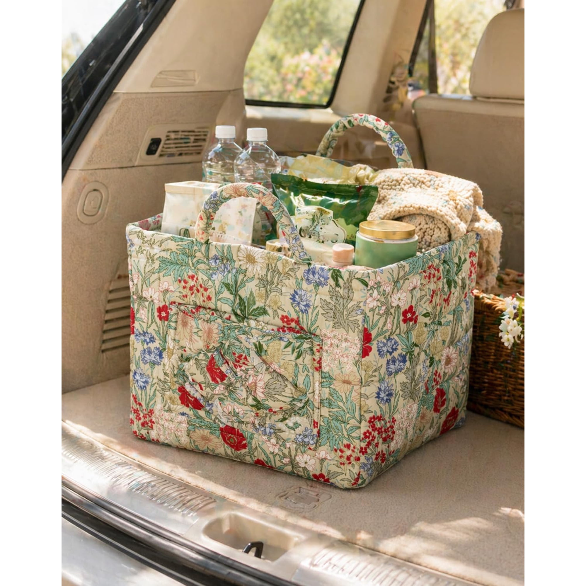 Car Storage Basket Organizer, Large Capacity Foldable Auto Bin with Handles, Quilted Fabric Trunk & Back Seat Organizer for Groceries, Style-A