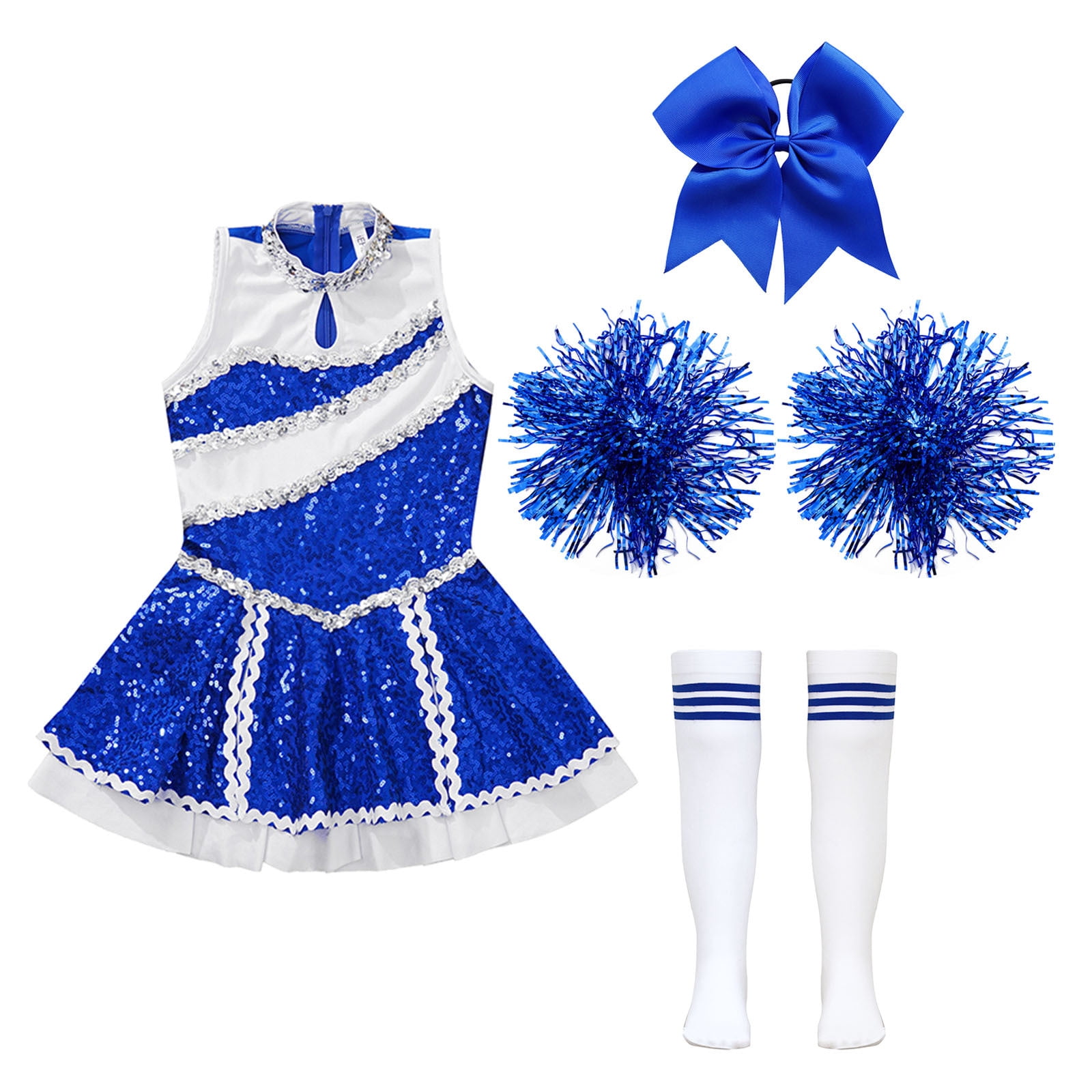 iiniim Girls Cheer Leader Sequins Cheerleading Dress with Pom Poms Headwear Socks for Halloween B Blue 10