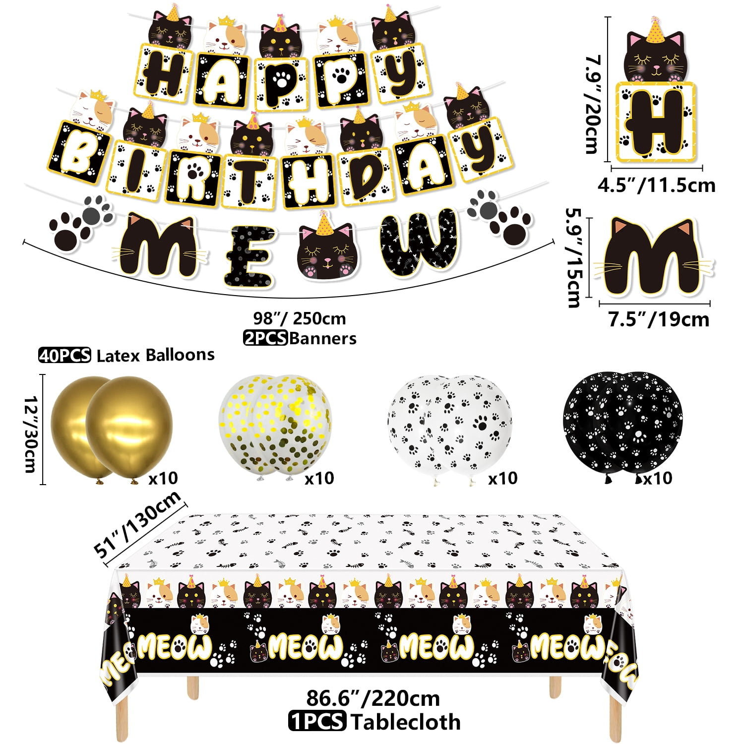 Hegbolke Cat Themed Birthday Party Decoration Kit with Napkins & Balloons, Black & White (222 Count)