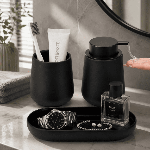 BosilunLife 3 Pack Matte Black Ceramic Soap Dispenser Set, Refillable Hand Soap and Lotion Pumps for Bathroom Vanity Countertop