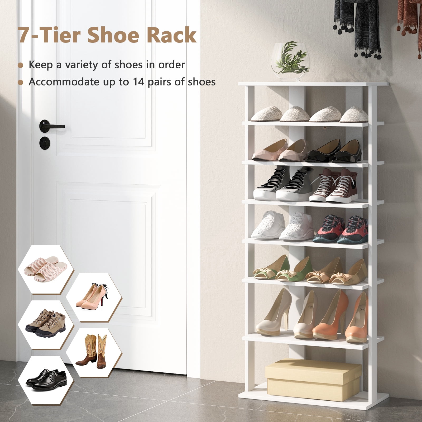 Patiojoy 7-Tier Double Rows Shoe Rack Vertical Wooden Shoe Storage Organizer patented White