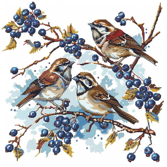 A Pair of Birds Perched on Berry Tree DIY 11CT Stamped Cross Stitch Kits for Beginners Easy Needlepoint Embroidery Counted Cross Stitch Art Craft for Wall Decoration 14x14inch(4)