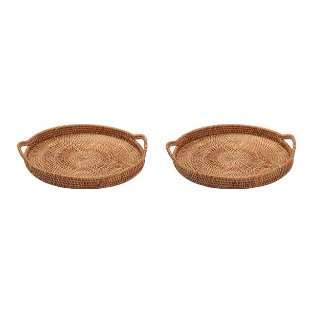 Cateissary Bandeja de servicio de mimbre redonda tejida a mano Cesta de servicio para alimentos Bebidas Pan 2piezas 24 cm
