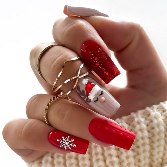 Medium - long Christmas Red Glitter Press - on Nails Wearable Nail Art - Christmas Hat Nail Art Stickers