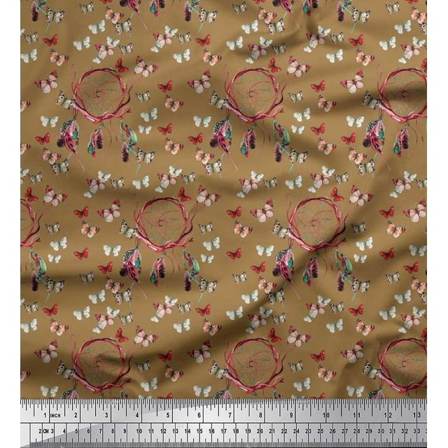 Soimoi Tissu Satin Modal Attrape-Rêves & Papillon Imprimé Tissu d'Artisanat au Mètre 42 Pouces de Large