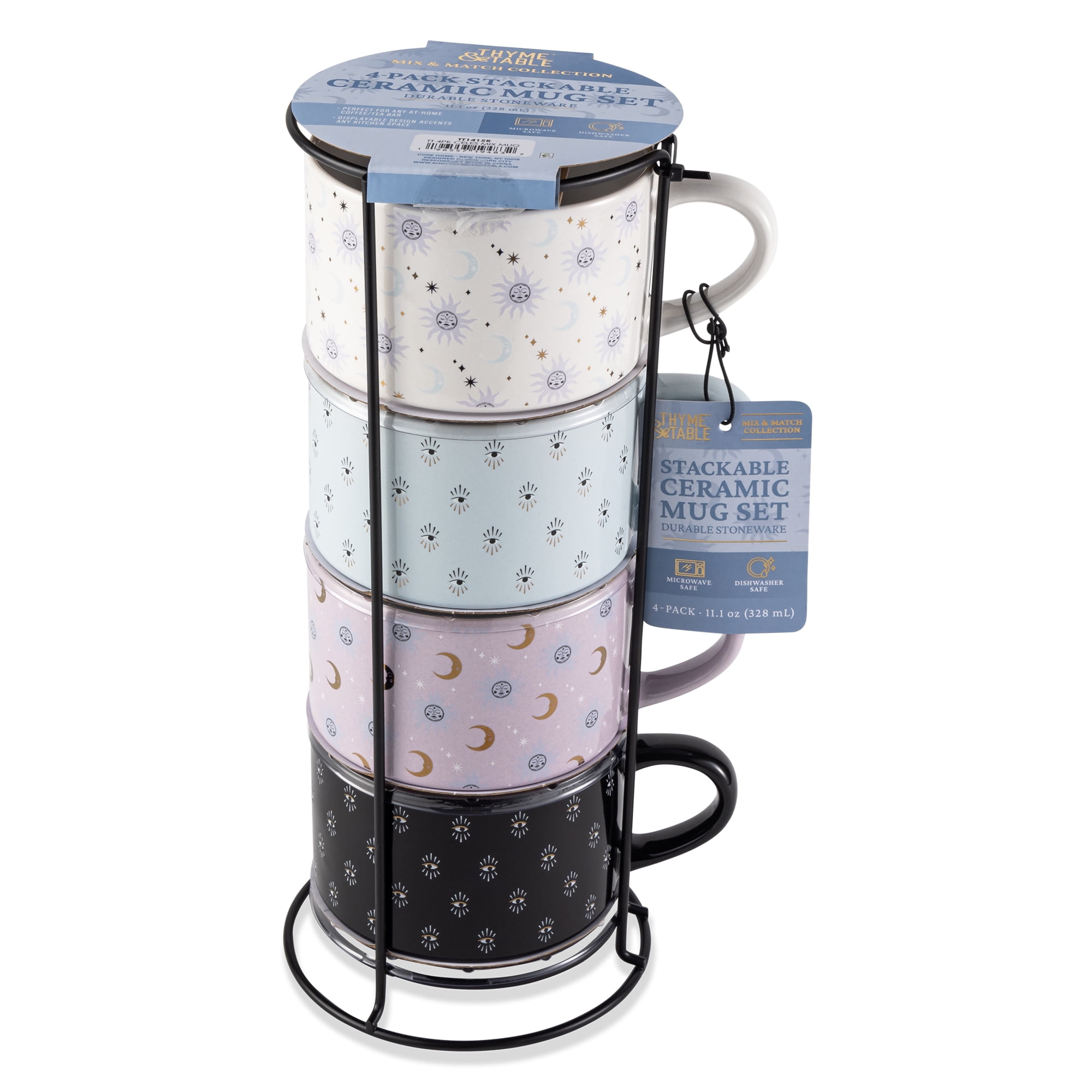 Thyme & Table 4 Pack Stacking Celestial Mugs, Assorted Colors 11.1 fl oz, Stoneware
