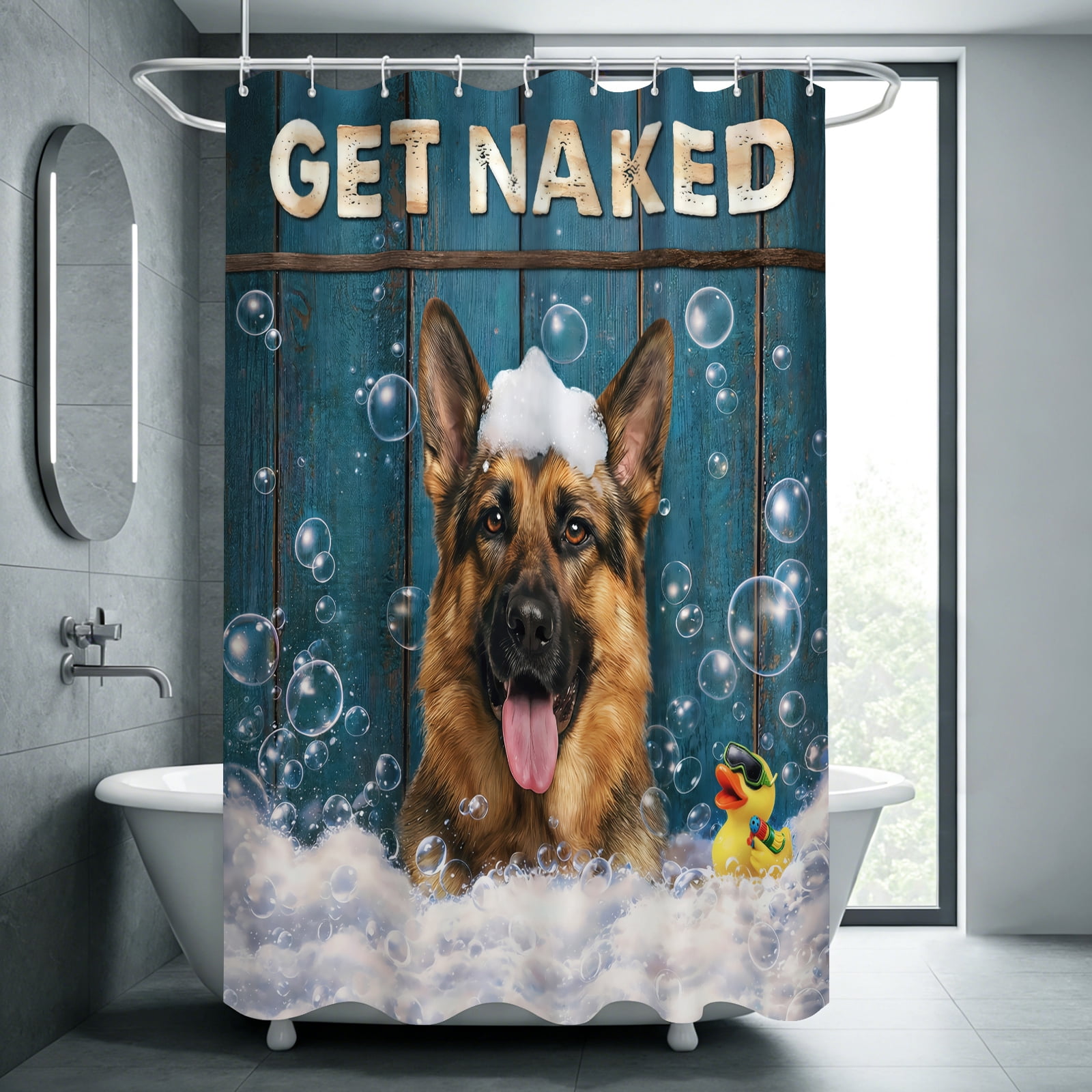 German Shepherd Shower Curtain - Funny Dog Bath Curtain with Bubbles & Rubber Duck, Waterproof Polyester Fabric, Unique Bathroom Decor for Pet Lovers - 60"x72"