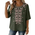 thumbnail image 5 of Vinsonshop Cotton Linen Embroidery Peasant Blouses for Women Crewneck Short Sleeve Floral Shirts Casual Flowy Tunic Lightweight Loose Fit Basic Summer Everyday Clothes Green XXL, 5 of 5