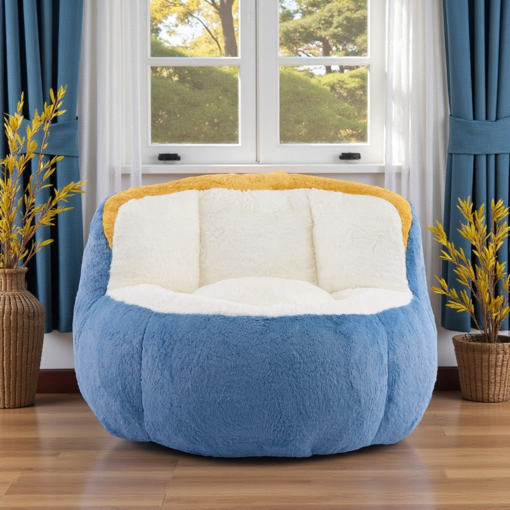Tcbosik Bean Bag Chairs for Adults, Faux Fur Lounge Chair for Living Room, Bedroom, No Assembly Needed, Blue+White+Yellow
