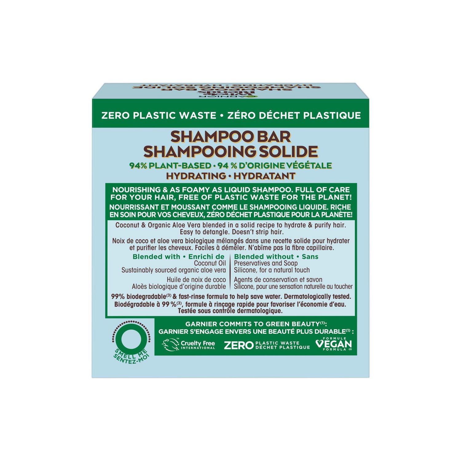 Garnier Whole Blends Shampooing Solide hydratant à la Noix de Coco et Aloès pour cheveux normaux, Emballage zéro plastique, sans silicone, sans agents de conservation, sans savon ni pigments, avec hui