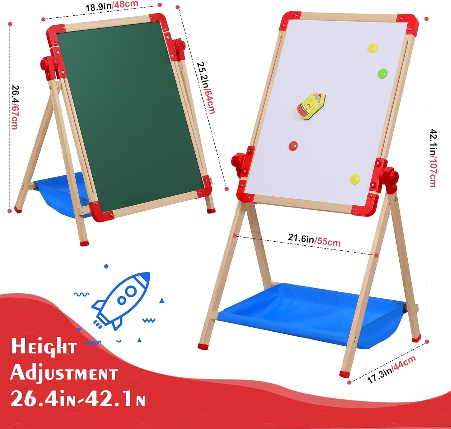 Art Easel for Kids Magnetic Wooden 18.9"x25.2" Double Sided Standing Toddlers Chalkboard - 360°Rotating Easel for Toddler Christmas Birthday Gift for 2-6 Years