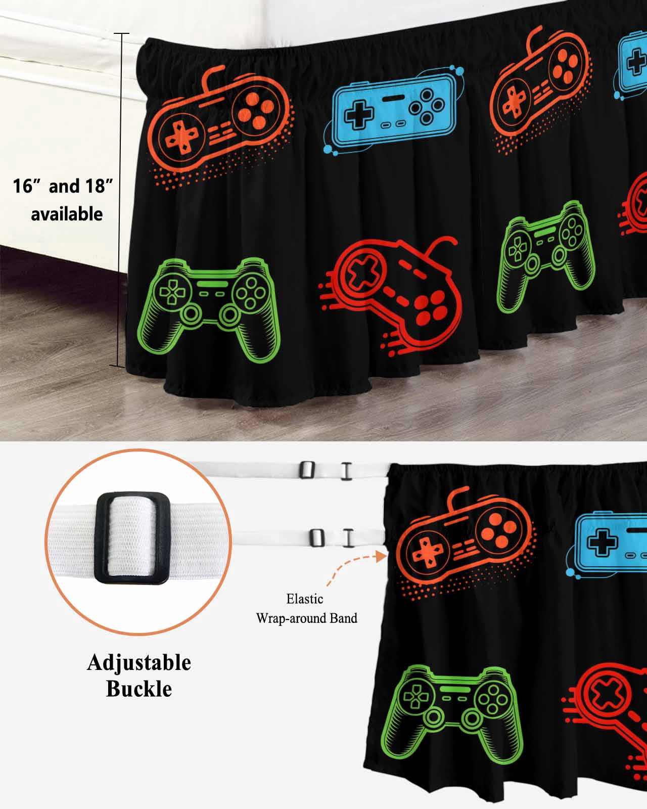Game Controller Bed Skirt Queen Size, Modern Art Gaming Handheld Black Wrap Around Bed Skirting with Adjustable Elastic Strap, Dust Ruffle Pleated Bedskirts 16 Inch Drop for Bedroom Queen Beds