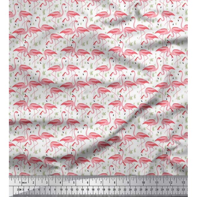 Soimoi Rayon Fabric Grass & Flamingo Bird Print Fabric by The Yard 56 Inch Wide