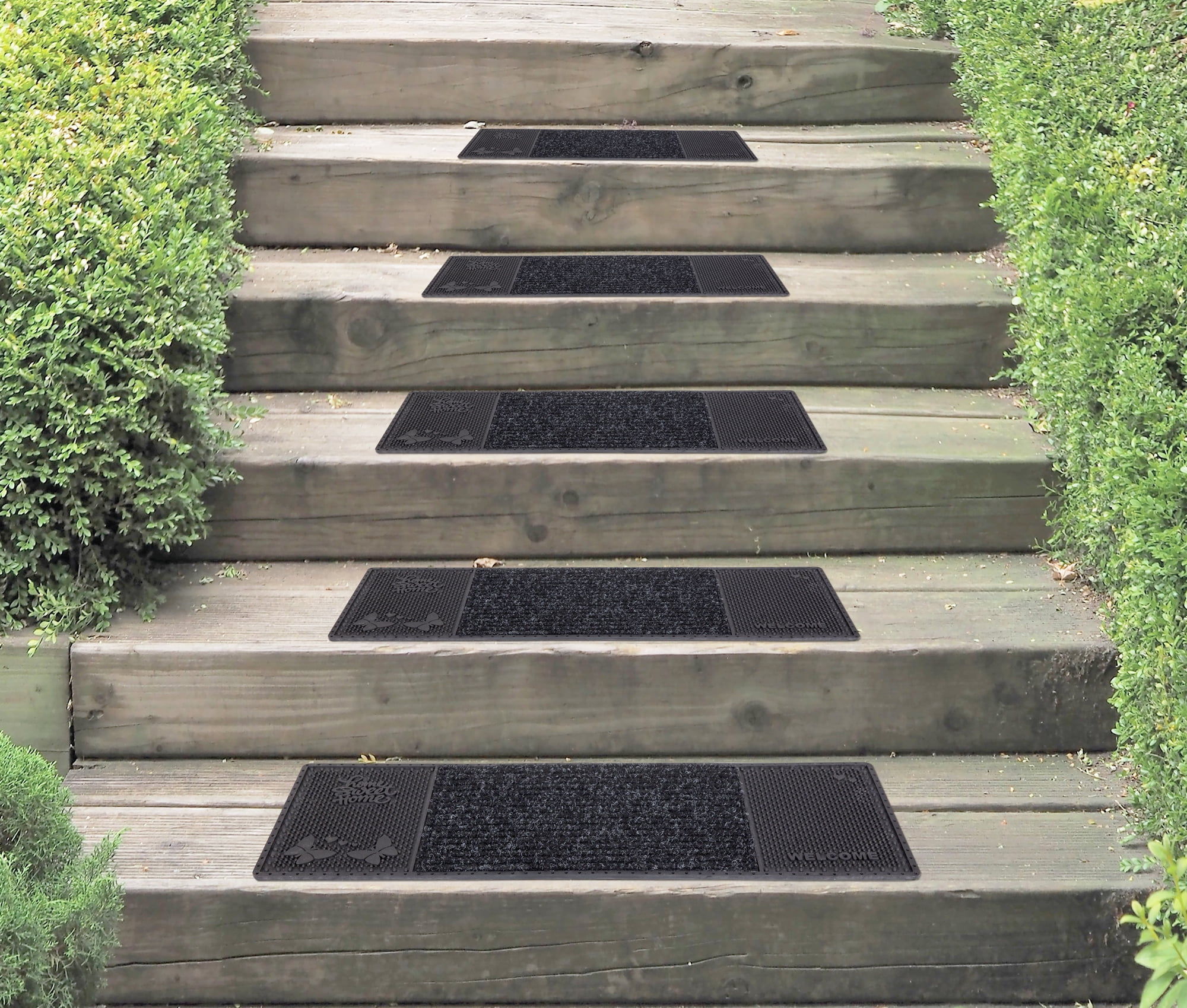Ottomanson Easy Clean, Waterproof, Low Profile Non-Slip Indoor/Outdoor Rubber Stair Treads, 10" x 30" (5 Pack), Black