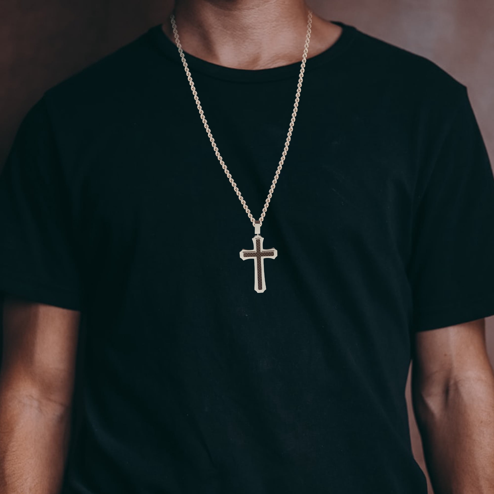 Arista Men's Cross Pendant in Carbon Fiber Solid Stainless Steel, 24"