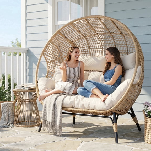RADIATA Double Egg Chair for 2 Person, Oversized Wicker Loveseat with Thick Cushions, Indoor Outdoor Stationary Patio Lounge Chair for Balcony, Garden, Beige