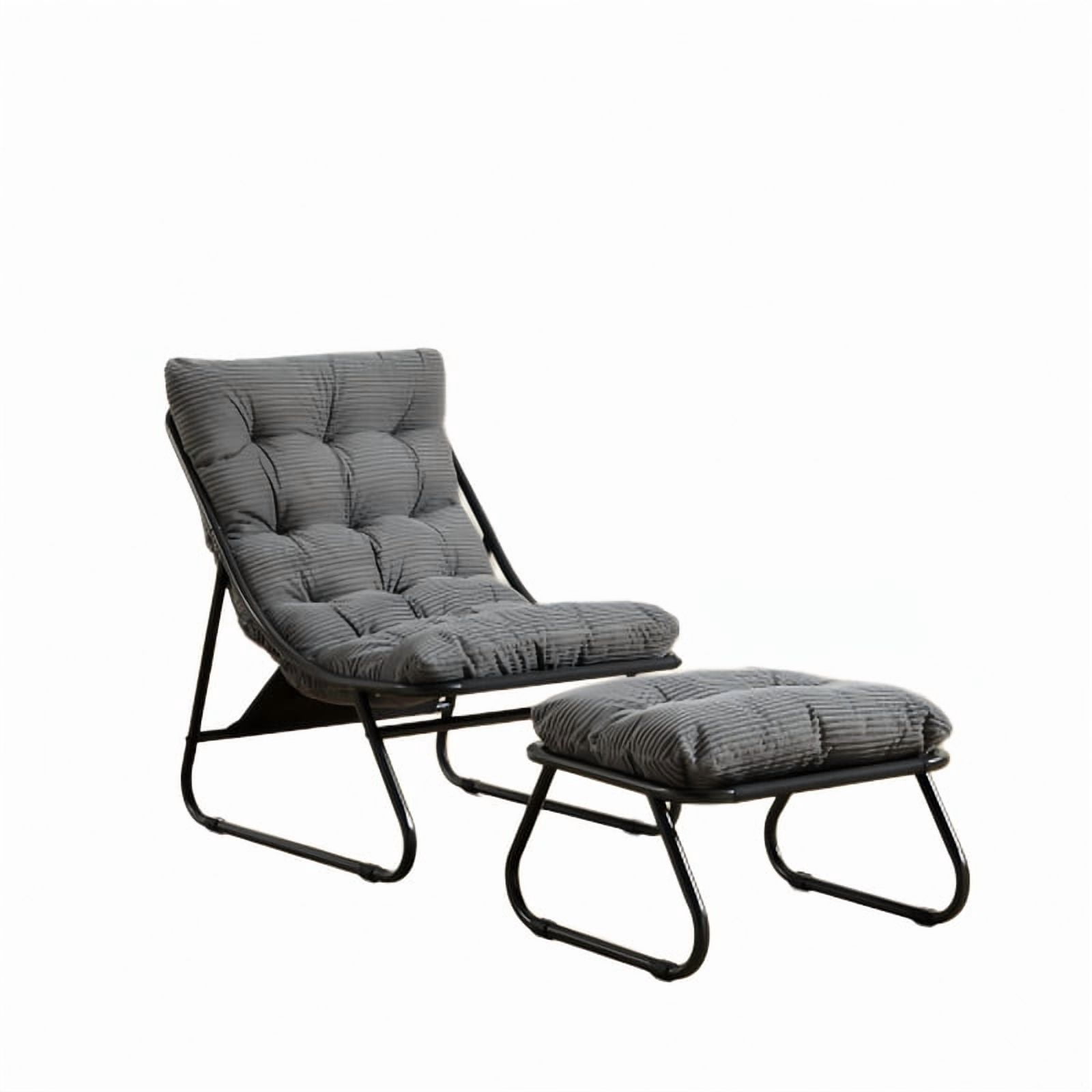 Modern Patio Lounge Chair with Ottoman, Comfy Sling Recliner Chair with Puffy Cushion and Foot Stool for Indoor Outdoor Living Room