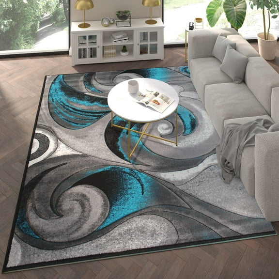 Emma   Oliver 8x10 Modern Abstract Olefin Accent Rug with Sculpted Wave Design in Turquoise, Gray and Black and Natural Jute Backing