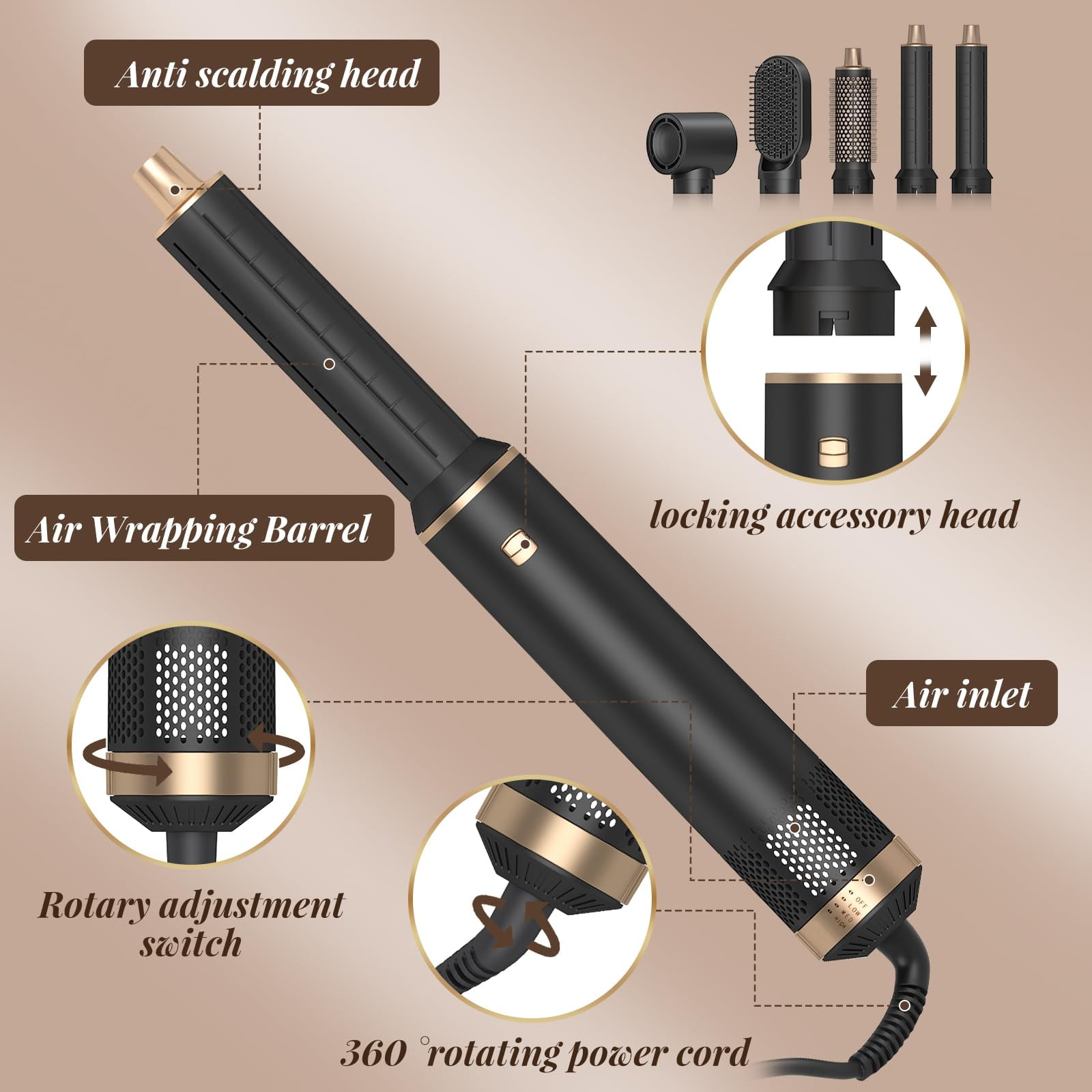 5-in-1 Air Styler for Long Hair, Blow Dryer Brush + Auto Curling Wands, Ionic Hair Straightener & Curler with 3 Heat Settings, 200M Negative Ions, Women’s Gift