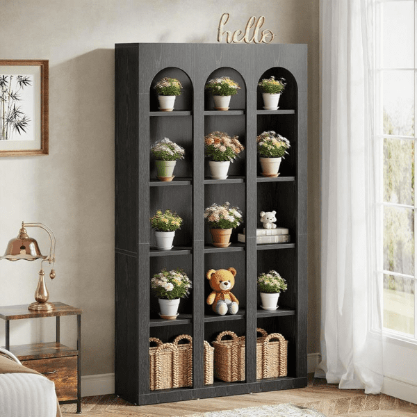Rustic Farmhouse Arched Bookshelf, Thick MDF, Anti-Tip Kit, Freestanding for Office, Living Room, Bedroom