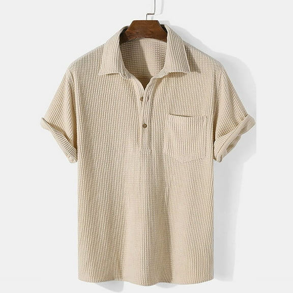 Yufatyle Men Polyester Short Sleeve Turndown collar Hawaii Blouses Beige L