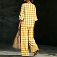 thumbnail image 4 of Mifsaly Lounge Wear for Women 2 Piece Set Plaid V Neck Bell Sleeve Top and Relaxed Wide Leg Pants Comfortable Everyday Casual Matching Outfits with Pockets Yellow,XL, 4 of 6