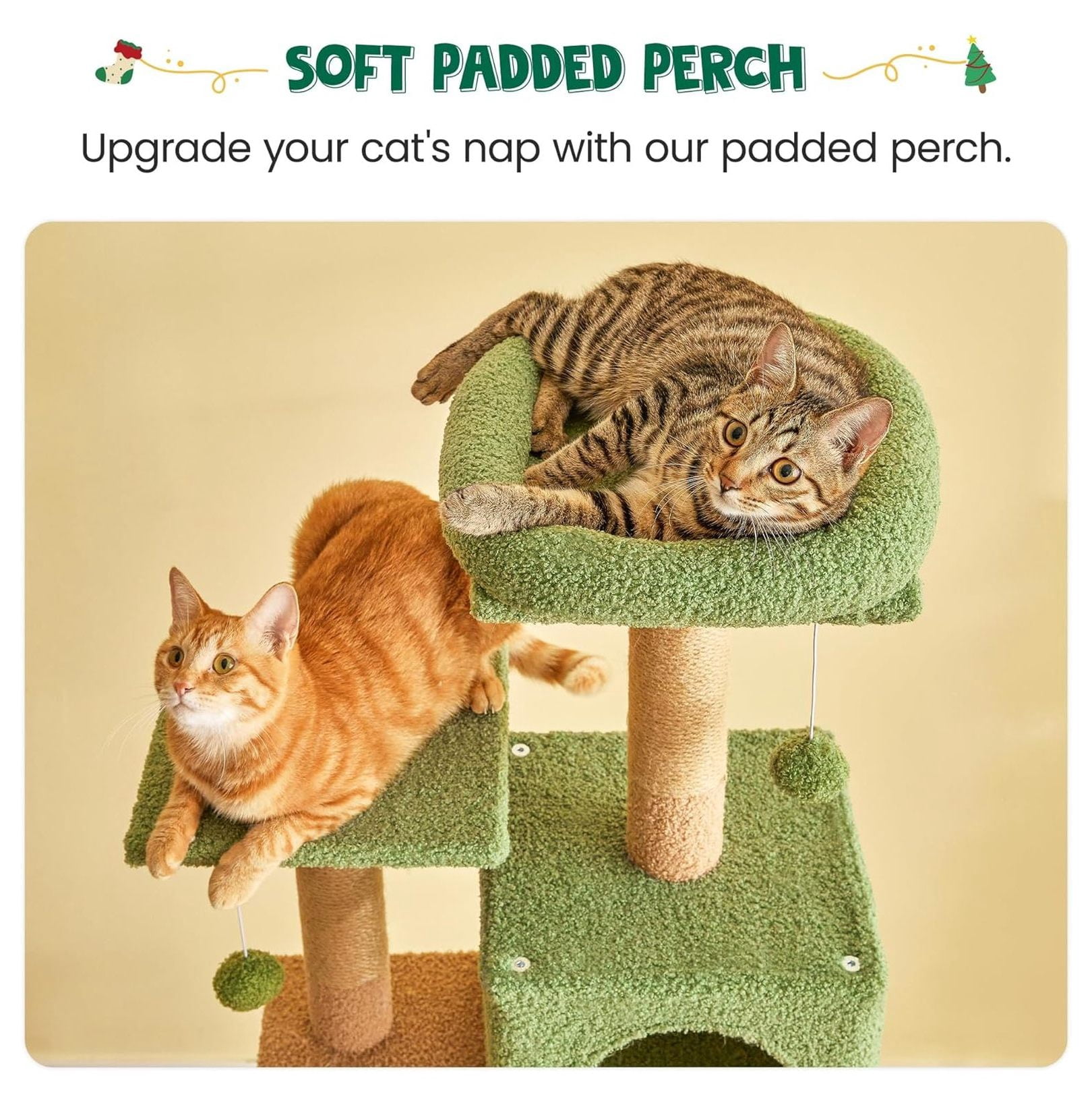 Cat Tree 63.8 Inches Green, Multi-Level Cat Tower with Scratching Posts, Hammock & Toys